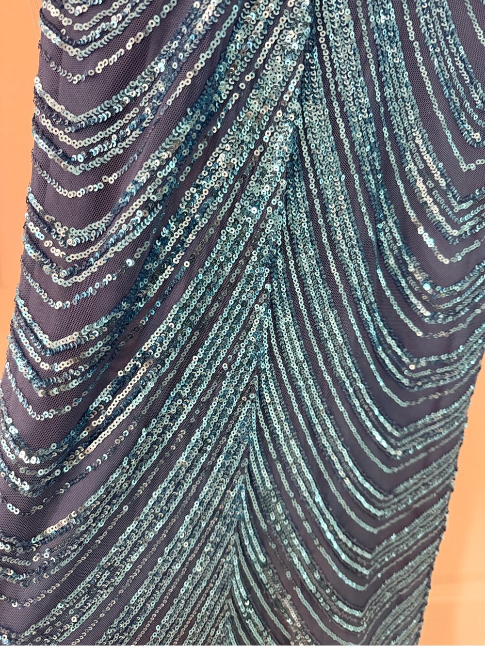 Blue Sequin V-Neck Evening Gown with Feather Trim-worn once - Picture 5 of 7